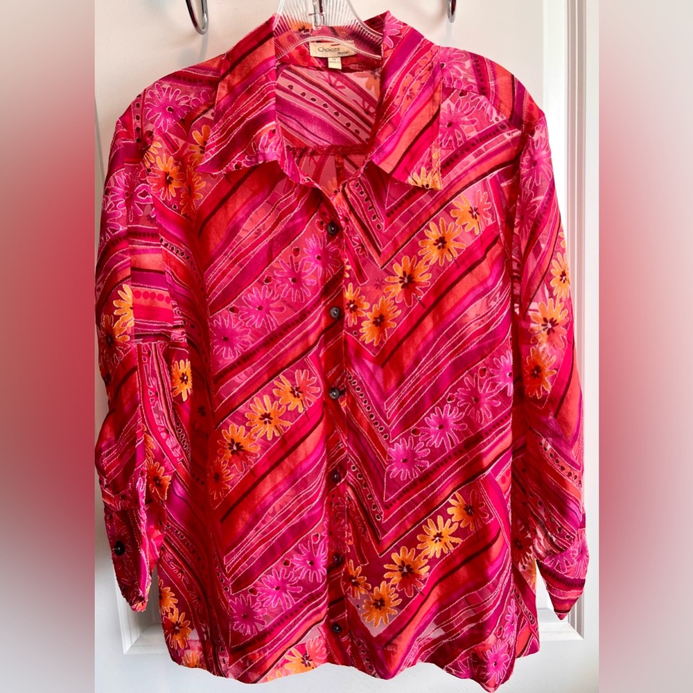 Sheer Blouse Stripe & Daisy Design Raspberry Pink Choices Woman Tropical 1X
